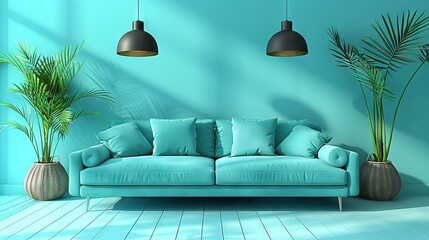 a blue couch sits in a cozy living room with a potted plant and two lamps dangling from the ceiling