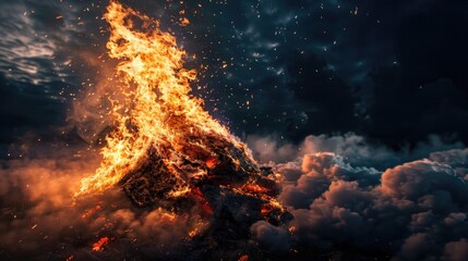 Wall Mural - witness the mesmerizing spectacle of a crackling bonfire, as flames leap and dance amidst a cloud of