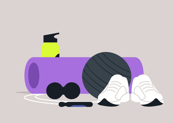 Fitness equipment laid out in anticipation of an exercise routine, A purple yoga mat, a black exercise ball, a jump rope, and two white sneakers are ready for a workout