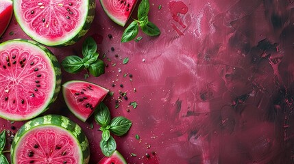   Watermelon slices on pink surface with mint