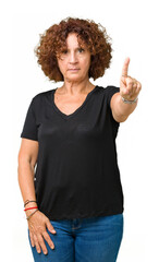 Sticker - Beautiful middle ager senior woman over isolated background Pointing with finger up and angry expression