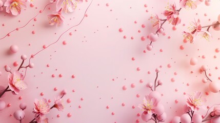 Poster - Blush pink dots and cherry blossom lines on a soft pink canvas, area for text designed in upper center