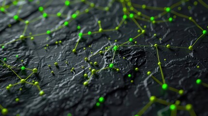 Wall Mural - Bright green dots and vibrant yellow connections on a dark slate grey canvas, central text focus