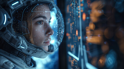 Poster - Engineer with a helmet monitors autonomous seacrafts on a digital display, tracking data and parameters for their operation.