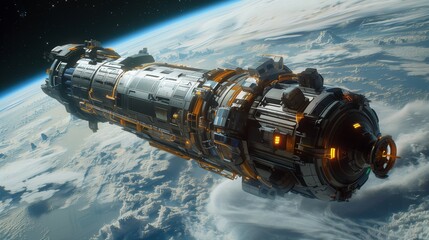 Poster - a close-up visualization of a futuristic spacecraft utilizing a gravity assist maneuver above earths