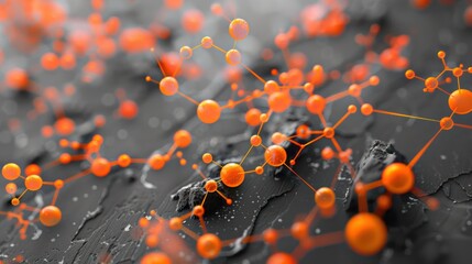 Poster - Bright orange dots with coral connections on a muted slate base, central text focus