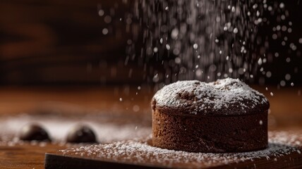 Wall Mural - Chocolate soufflé with powdered sugar dusting on a wooden table.