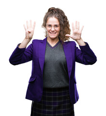 Sticker - Young brunette student girl wearing school uniform and glasses over isolated background showing and pointing up with fingers number nine while smiling confident and happy.