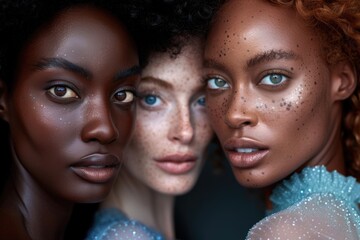 Wall Mural - Close-up portrait of three women with different skin tones looking directly at the camera