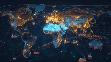 A global map with highlighted shipping routes and logistics hubs, demonstrating the complex network that enables worldwide distribution. 