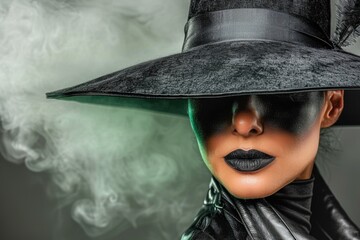 A woman with dramatic makeup and a wide-brimmed hat stands in front of a background of smoke, her expression mysterious and alluring