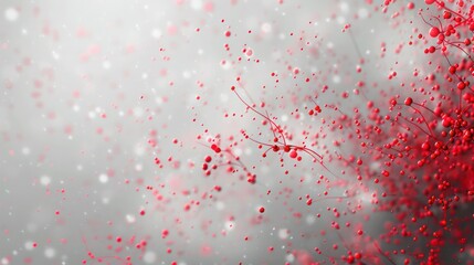 Canvas Print - Bright red dots linked by crimson threads on a soft gray backdrop, central text space