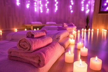 Wall Mural - A dimly lit spa room with soft towels and flickering candles creates a relaxing and inviting atmosphere