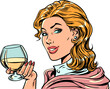 © studiostoks - Pop Art Retro A beautiful girl is holding a glass of drink. Seasonal offers of alcoholic drinks. Advertising of the establishment.