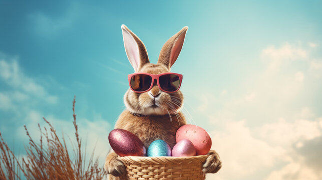 a rabbit wearing sunglasses holding a basket of eggs