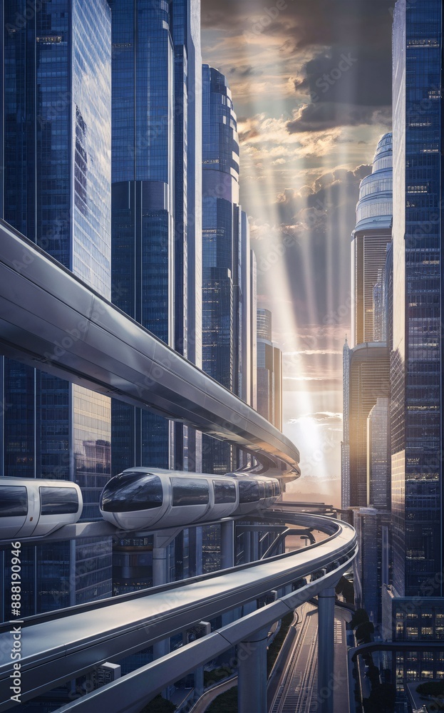 The image shows a futuristic city with tall buildings and a monorail ...