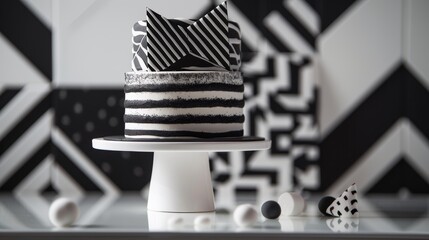 Wall Mural - Monochrome Birthday Cake with Black and White Geometric Patterns for Modern Celebrations