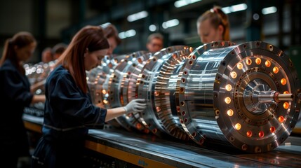 Poster - engineers work meticulously on assembling an ion thruster for a satellite in a modern industrial set