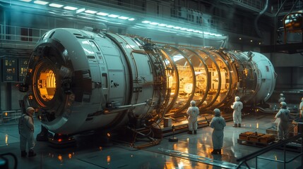 Poster - engineers in white lab coats work on a large ion thruster for a satellite in a modern industrial fac