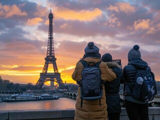  Tourists admire the Eiffel Tower at sunset in Paris, capturing breathtaking views and memorable moments with their cameras.
