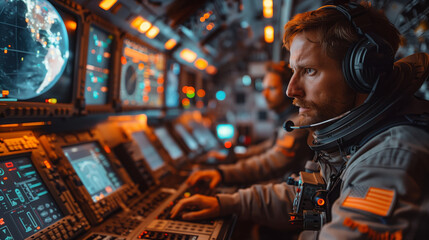 Poster - Mission Control engineers intently monitor data from an autonomous spacecraft, their faces illuminated by the glow of numerous screens.