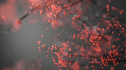 Cherry red dots linked by soft coral threads on a dark gray background, central text focus