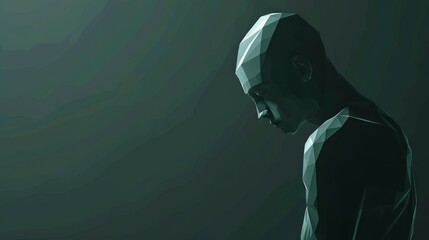 Low poly man portrait in dark green. A man rendered in low poly style, captured in a dark green background.