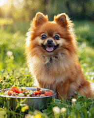 Happy Pomeranian enjoying a meal in the park, balanced diet, vegetables, meat, raw food, outdoor