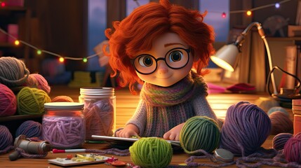 Canvas Print - a girl with red hair and glasses knitting