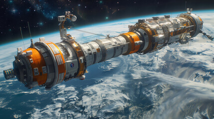 Poster - A large, modular space station is being assembled in low Earth orbit, with multiple smaller spacecraft docked to the main structure.