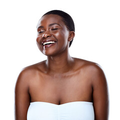 Wall Mural - Glow, black woman and happy for skincare in studio for inclusive beauty on white background. Female person, eyes closed and empowerment with skin treatment, transformation and self care with smile