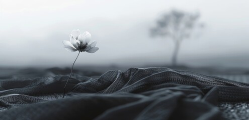 A single, white flower blooms on a delicate stem, emerging from a dark, textured fabric, with a blurred tree in the misty background.
