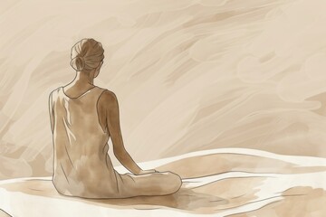 minimalist line art of a meditating figure, emphasizing simplicity and calmness with neutral tones.