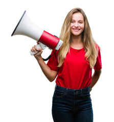 Sticker - Young beautiful blonde woman yelling through megaphone over isolated background with a happy face standing and smiling with a confident smile showing teeth