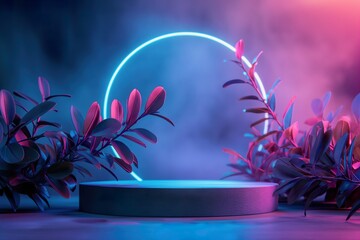 Wall Mural - Abstract minimal scene with podium, neon light and plants. 