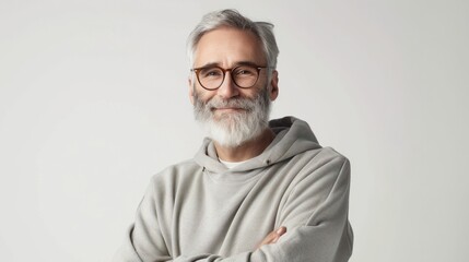 Mature, bearded man with a cheerful smile wearing a sweatshirt stands alone on a white background, looking at the camera mid-aged, gray-haired senior hipster