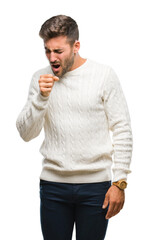 Sticker - Young handsome man wearing winter sweater over isolated background feeling unwell and coughing as symptom for cold or bronchitis. Healthcare concept.