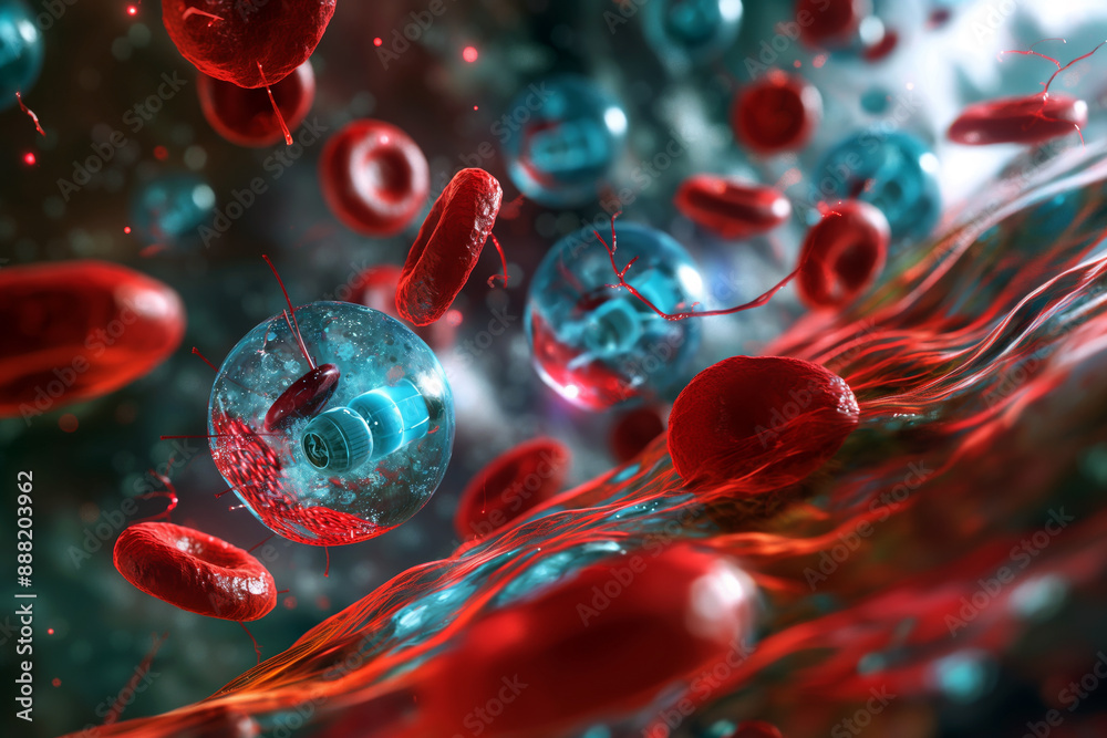A futuristic scene depicting a swarm of tiny nanorobots inside a human ...