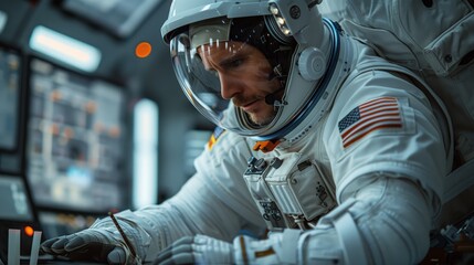 Poster - An astronaut in a spacecraft uses a 3D printed medical device, highlighting the potential for advanced technology in space exploration.