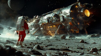 Poster - An artists depiction of a human astronaut taking their first steps on the surface of an asteroid, with a large spaceship in the background.