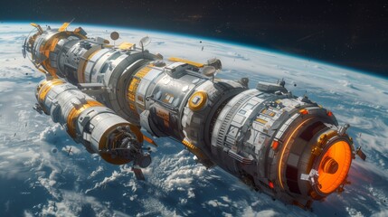 Poster - An artists impression of a futuristic space station orbiting Earth, showcasing a sleek, cylindrical design with a glowing orange engine.
