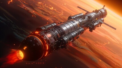 Poster - a commercial spacecraft zooms over a red planet, its engines ablaze with fiery exhaust, showcasing a