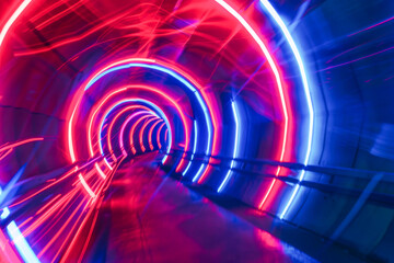 Wall Mural - Futuristic Neon Light Tunnel with Red and Blue Glowing Circular Patterns