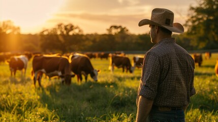 Poster - A man in a cowboy hat stands in a field with cows