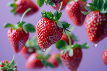 Wall Mural - Fresh Juicy Strawberries Floating on Purple Background with Water Droplets