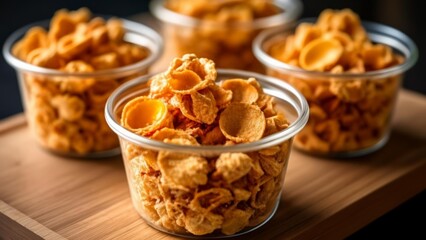 Wall Mural -  A delightful assortment of goldenbrown cereal flakes in clear glass bowls