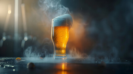 Wall Mural - Fresh beer in a large glass with subtle backlighting and mist on a dark backdrop