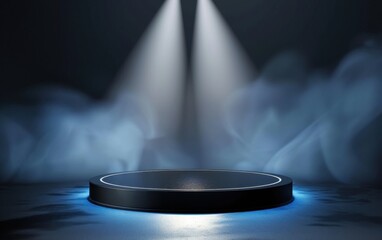 Wall Mural - black podium with light beam on blue background, award ceremony concept illustration of round pedest