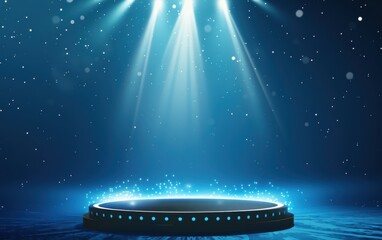 Wall Mural - an empty podium with spotlights shining down on it, set against a blue background the stage is depic