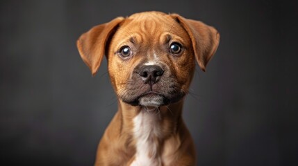 Wall Mural - Puppy photographed in studio against gray backdrop